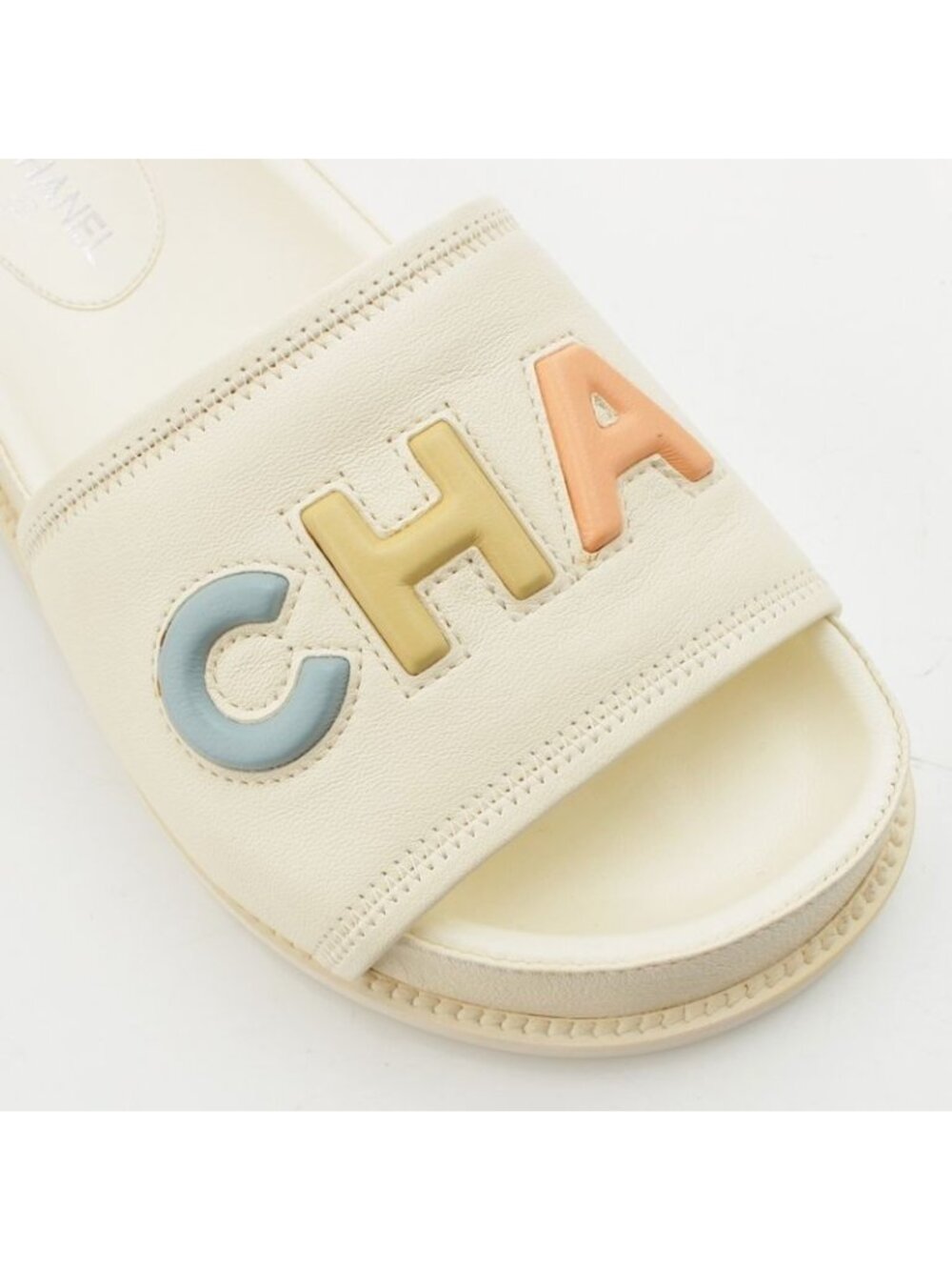 Chanel Lambskin Leather Logo Flat Sandals Mule Ivory Multicolor 37 - Picture 6 of 10